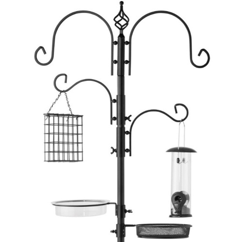 4-Hook Bird Feeding Station, Steel Feeder Stand w/ 2 Bird Feeders - 91in, Black - Lot 186