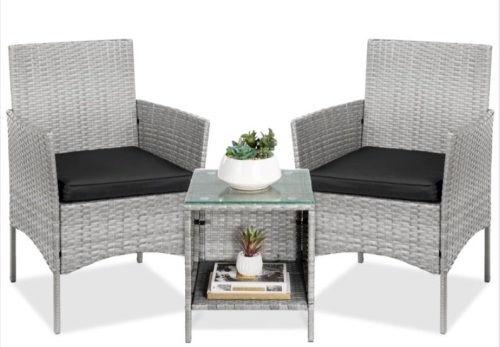 3-Piece Outdoor Patio Wicker Bistro Set w/ Side Storage Table, Gray/Black - Lot 356