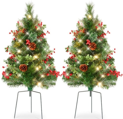 Set of 2 Pre-Lit Pathway Christmas Trees w/ Pine Cones, Timer - 24.5in - Lot 436