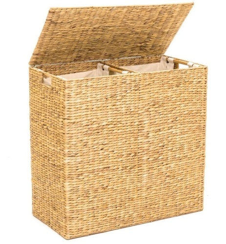 Extra Large Water Hyacinth Double Laundry Hamper Basket w/ 2 Liner Bags, Brown, Dent on Side - Lot 140