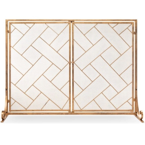 2-Panel Wrought Iron Geometric Fireplace Screen w/ Magnetic Doors - 44x33in - Lot 335