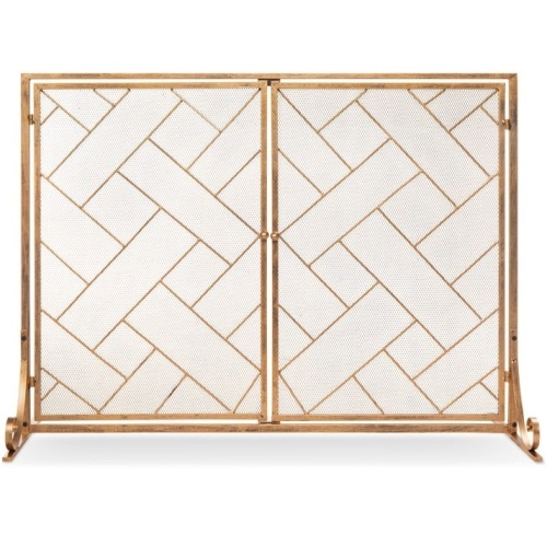 2-Panel Wrought Iron Geometric Fireplace Screen w/ Magnetic Doors - 44x33in - Lot 126