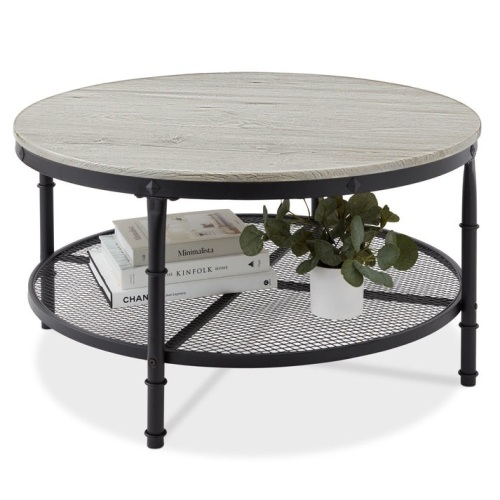 2-Tier Round Industrial Wood & Steel Coffee Table, Storage Shelves - 35.5in - Lot 272