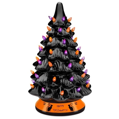 Ceramic Halloween Tabletop Tree w/ Orange & Purple Bulb Lights - 15in - Lot 5120