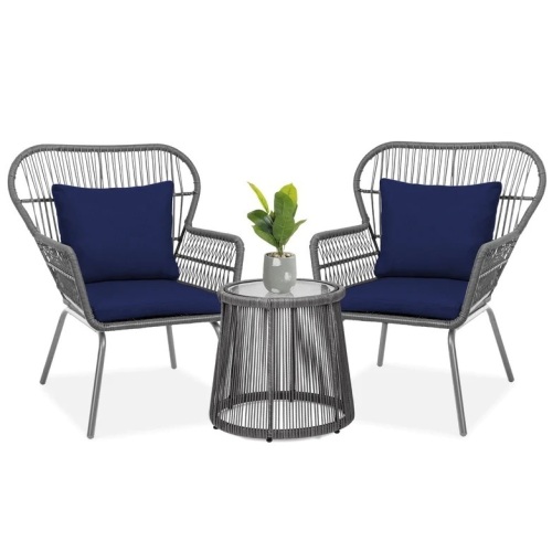 3-Piece Patio Wicker Conversation Bistro Set w/ 2 Chairs, Glass Top Table - Lot 5155