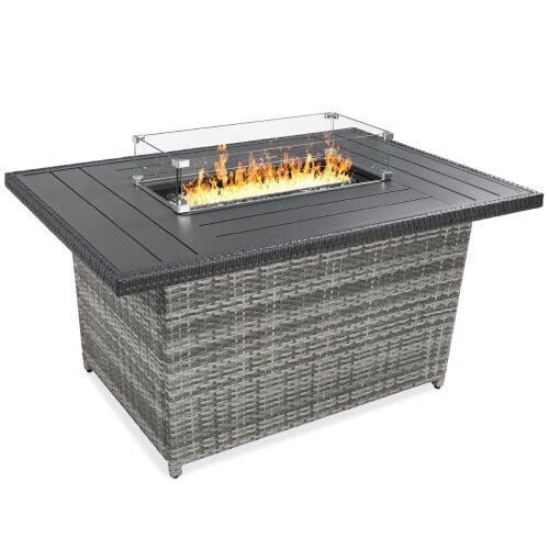 Wicker Propane Fire Pit Table, 50,000 BTU w/ Glass Wind Guard, Cover - 52in - Lot 10