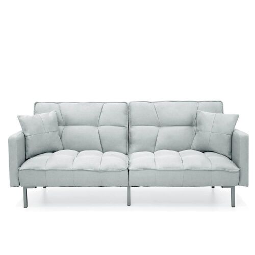 Convertible Linen Tufted Futon w/ 2 Plush Pillows, Split-Back Design - Light Gray - Lot 56
