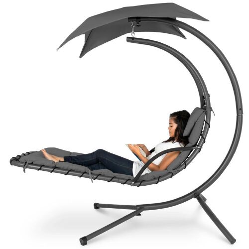 Hanging Curved Chaise Lounge Chair w/ Built-In Pillow, Removable Canopy - Lot 92