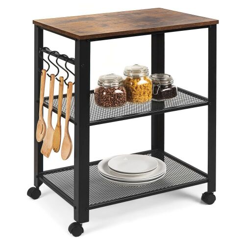 3-Tier Microwave Cart Rolling Utility Serving Cart w/ 2 Shelves, 4 Hooks - Lot 528