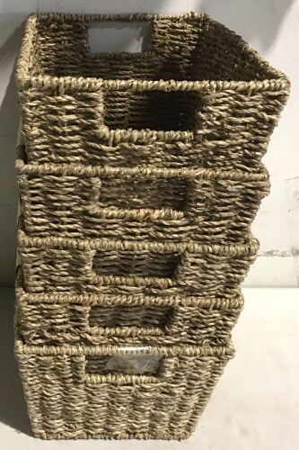 Set of 5 Multipurpose Stackable Seagrass Storage Laundry Organizer Baskets w/ Handles - Lot 530