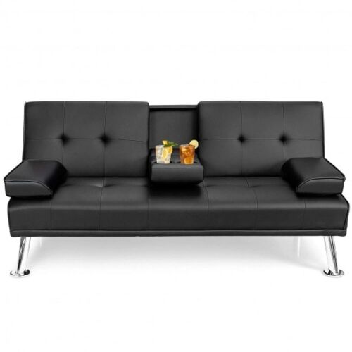 Convertible Folding Leather Futon Sofa - Black - Lot 31