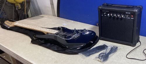 Black Stratocaster Style Guitar and Small Guitar Amp - Lot 499