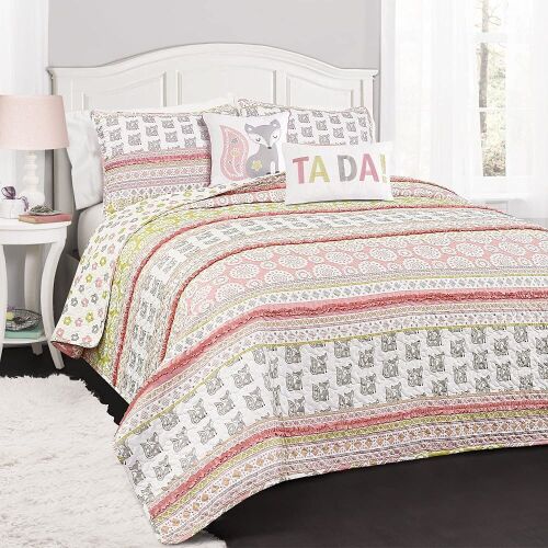 4-Piece Fox Ruffle Stripe Quilt Set - Twin Size, Pink/Gray - Lot 236