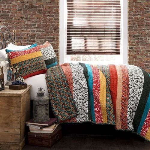 Boho Stripe Quilt Set - King Size, Tangerine - Lot 1099