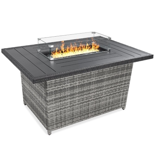 Wicker Propane Fire Pit Table, 50,000 BTU w/ Glass Wind Guard, Cover - 52in  - Lot 241