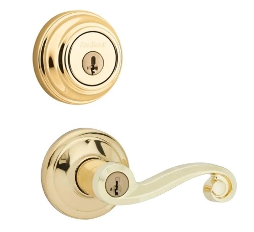 Kwikset Lido Polished Brass Exterior Entry Door Handle and Single Cylinder Deadbolt Combo Pack Featuring SmartKey Security - Lot 824