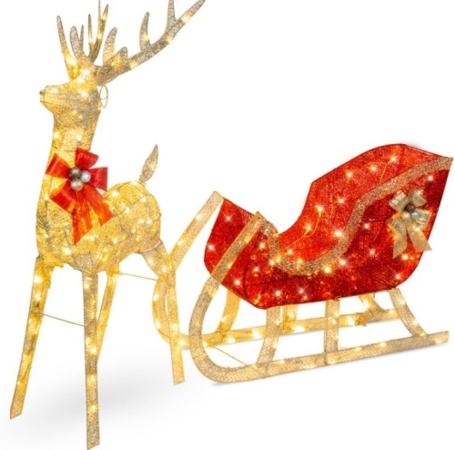 Lighted Christmas Reindeer & Sleigh Outdoor Decor Set w/ LED Lights, Gold - Lot 240