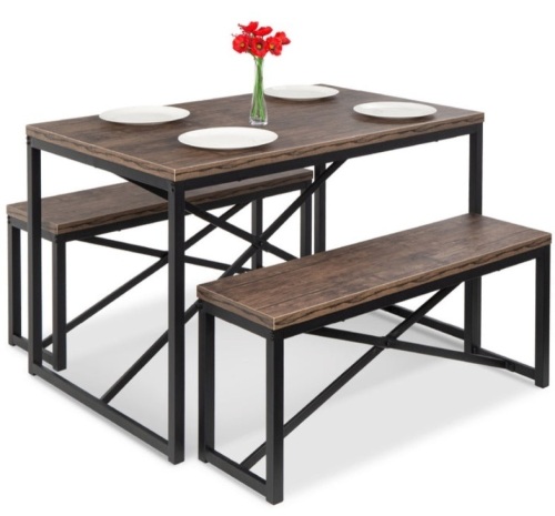 3-Piece Bench Style Dining Furniture Set w/ 2 Benches, Table - 45.5in, Brown/Black - Lot 275