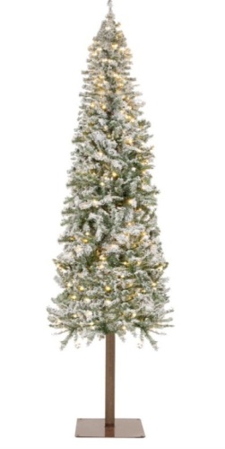Pre-Lit Snow Flocked Alpine Slim Pencil Christmas Tree w/ LED Lights, Stand, 6ft - Lot 403