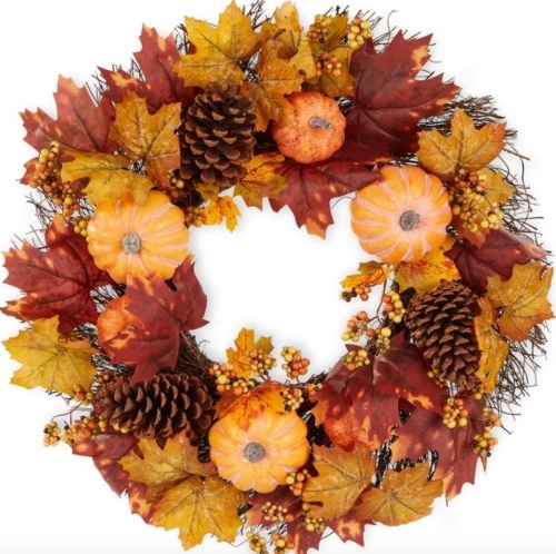 Artificial Fall Wreath, Autumn Thanksgiving Holiday Decoration - 24in - Lot 419