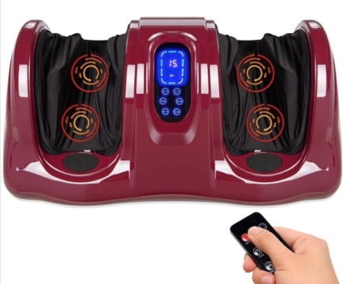 Therapeutic Foot Massager w/ High Intensity Rollers, Remote, 3 Modes, Burgundy - Lot 422