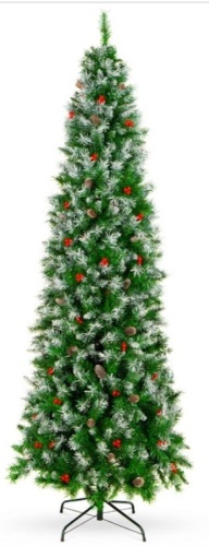 Partially Flocked Spruce Pencil Christmas Tree w/ Berries, Pine Cones, 7.5ft - Lot 429