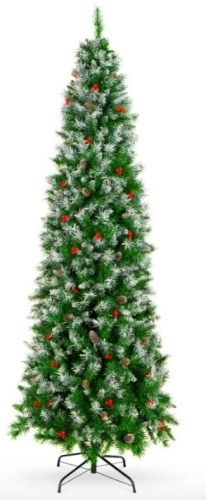 Partially Flocked Spruce Pencil Christmas Tree w/ Berries, Pine Cones, 7.5 ft - Lot 454