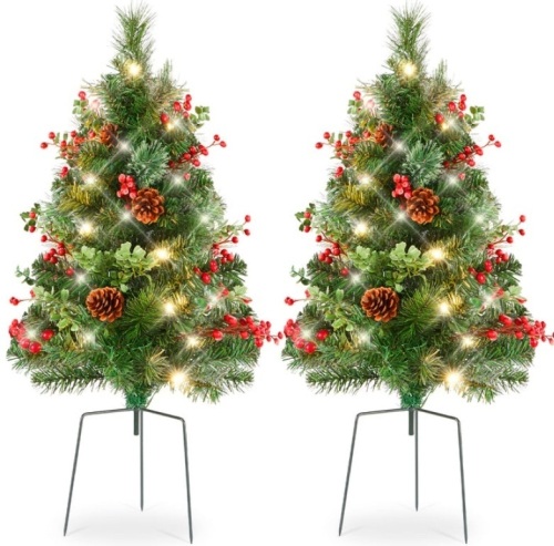 Set of 2 Pre-Lit Pathway Christmas Trees w/ Pine Cones, Timer - 24.5in - Lot 458