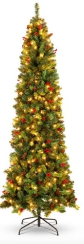 Pre-Lit Spruce Pencil Christmas Tree w/ Berries, Pine Cones, 6ft - Lot 459