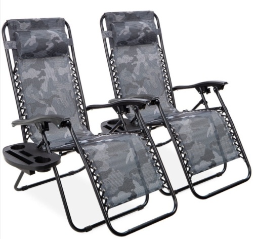 Set of 2 Adjustable Zero Gravity Patio Chair Recliners w/ Cup Holders, Camouflage - Lot 289