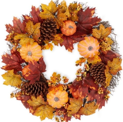 Artificial Fall Wreath, Autumn Thanksgiving Holiday Decoration - 24in - Lot 295