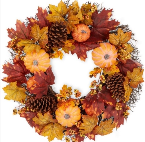 Artificial Fall Wreath, Autumn Thanksgiving Holiday Decoration - 24in - Lot 285