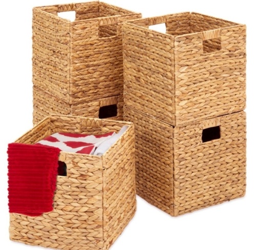 Set of 5 Collapsible Hyacinth Storage Baskets w/ Inserts - 12x12in, Natural - Lot 297