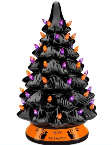 Ceramic Halloween Tabletop Tree w/ Orange & Purple Bulb Lights - 15in, Damaged, Missing 1 Bulb - Lot 231