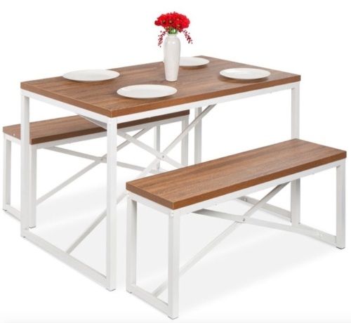 3-Piece Bench Style Dining Furniture Set w/ 2 Benches, Table - 45.5in, Brown/White - Lot 452