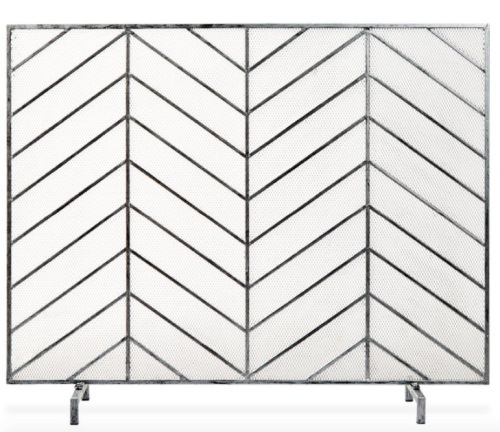 Single Panel Iron Chevron Fireplace Screen w/ Antique Finish - 38x31in, Pewter - Lot 475