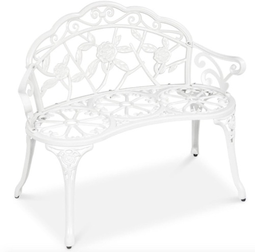 Steel Garden Bench Outdoor Patio Furniture w/ Floral Rose Accent - 39in. White, May Be Missing Hardware - Lot 439