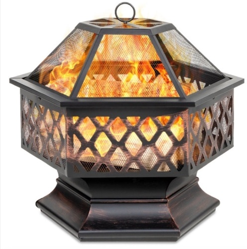 Hex-Shaped Outdoor Fire Pit w/ Flame-Retardant Lid - 24in - Lot 479