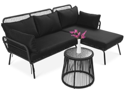 Rope Woven Sectional, L-Shape Sofa Set w/ Detachable Lounger, Table, Black, May Be Missing Hardware - Lot 15