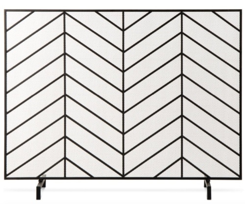 Single Panel Iron Chevron Fireplace Screen w/ Antique Finish - 38x31in, Satin Black - Lot 340