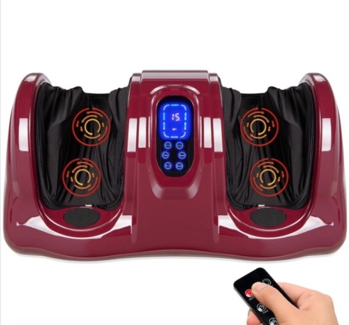 Therapeutic Foot Massager w/ High Intensity Rollers, Remote, 3 Modes, Burgundy - Lot 442