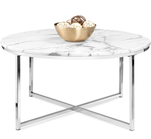 Round Coffee Table w/ Faux Marble Top, Metal Frame - 36in, Chrome - Lot 215