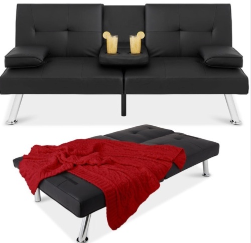Faux Leather Upholstered Convertible Sofa Bed Futon w/ 2 Cupholders, Black - Lot 220