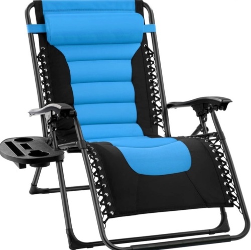 Oversized Padded Zero Gravity Chair, Folding Recliner w/ Headrest, Side Tray, Sky Blue - Lot 250