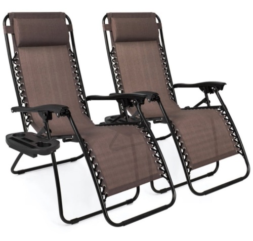 Set of 2 Adjustable Zero Gravity Patio Chair Recliners w/ Cup Holders, Brown - Lot 365