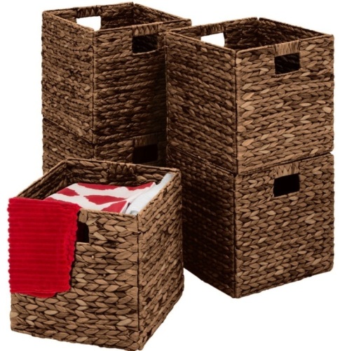 Set of 5 Collapsible Hyacinth Storage Baskets w/ Inserts - 12x12in, Espresso - Lot 141