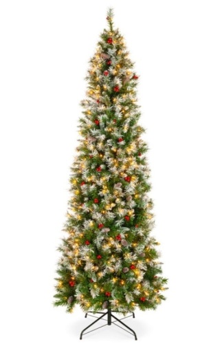 Pre-Lit Partially Flocked Spruce Pencil Tree w/ Berries, Pine Cones, 9ft - Lot 146