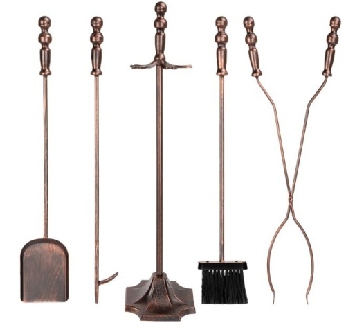 l5-Piece Fireplace and Firepit Iron Tool Set w/ Tongs, Poker, Broom, Shovel, Stand - Copper - Lot 244