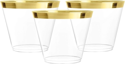 100pk Gold Rimmed 9 oz Plastic Wine Cups - Lot 309