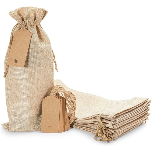 Pack of Burlap Wine Bottle Gift Bags w/ Tags - Lot 697